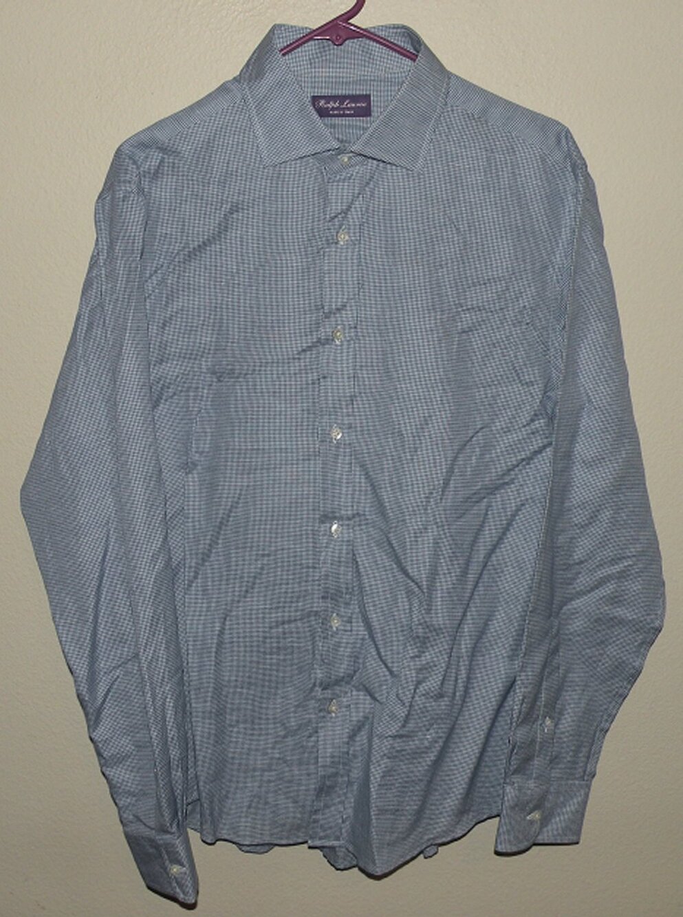 Ralph Lauren Purple Label Men’s 16.5 Linen Blend LS Shirt Blue Micro Check Italy